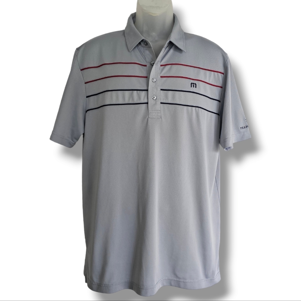 Travis Mathew Golf Polo‎ Shirt Mens Size L Gray Short Sleeve Embroidered Stripe